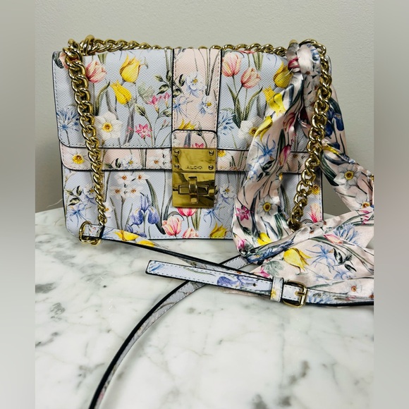 Aldo Light Blue Floral Shoulder Bag with Chain Strap - Picture 1 of 14